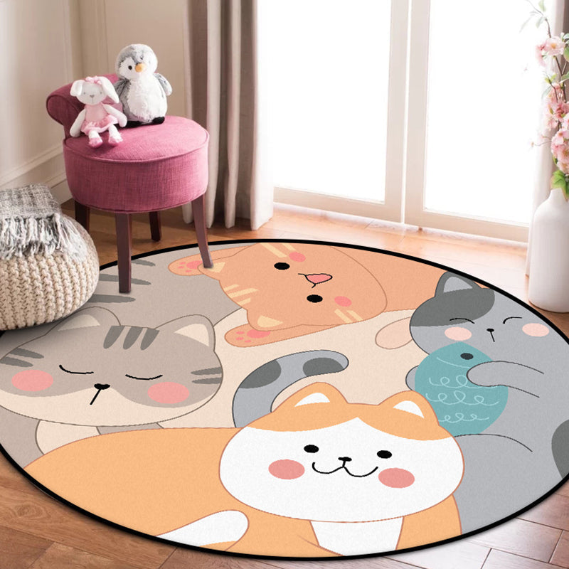 Children's bedroom rug in yellow and brown with animal cat fish print rug polyester non-slip back washable rug
