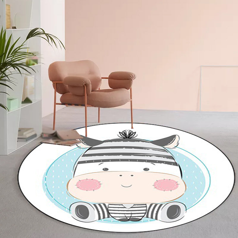 Stylish Children's Carpet in Ivory and Blue Animal Cow Bunny Bear Pattern Carpet Polyester Washable Rug for the Children's Room