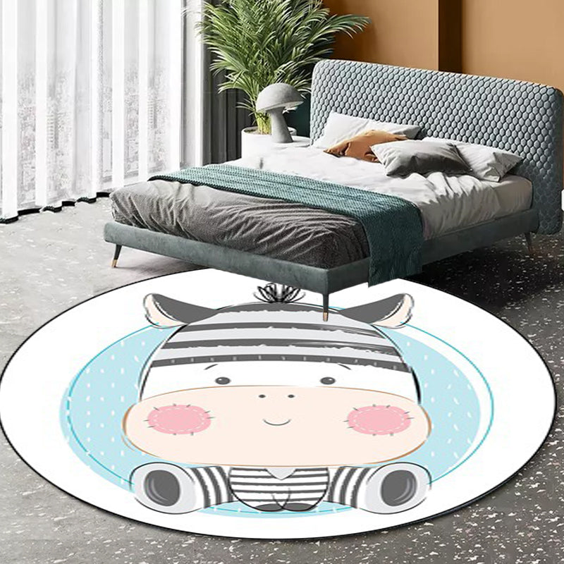 Stylish Children's Carpet in Ivory and Blue Animal Cow Bunny Bear Pattern Carpet Polyester Washable Rug for the Children's Room