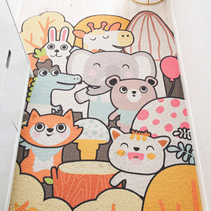Children Irregular Kids Room Rug in Yellow and Gray Animal Cat Rabbit Penguin Print Rug Polyester Non-slip Area Rug