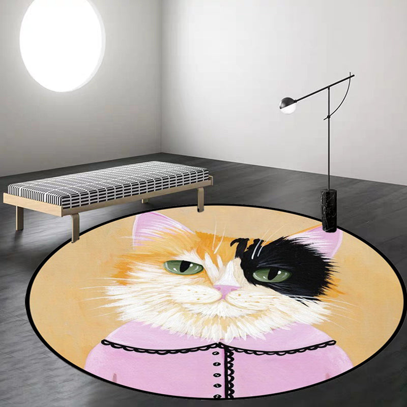 Kids Bedroom Carpet in Green and Blue Animal Cat Glass Print Carpet Polyester Pet-Friendly Area Rug