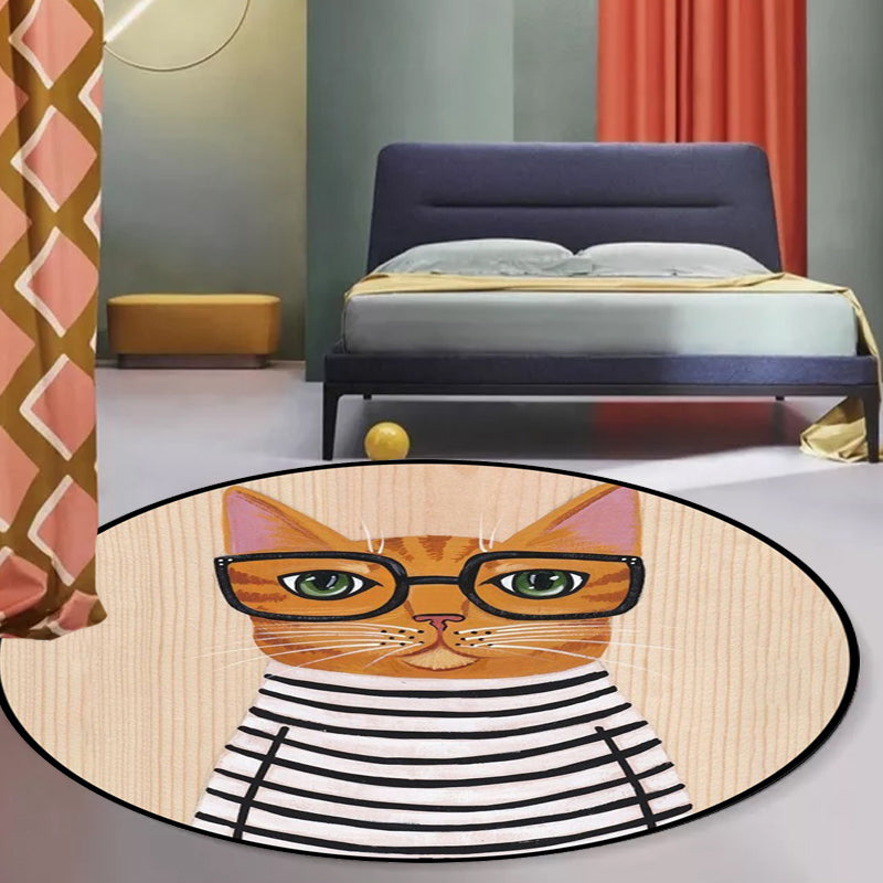 Kids Bedroom Carpet in Green and Blue Animal Cat Glass Print Carpet Polyester Pet-Friendly Area Rug