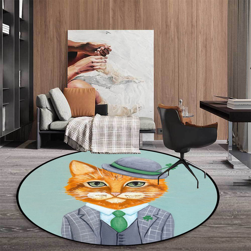 Kids Bedroom Carpet in Green and Blue Animal Cat Glass Print Carpet Polyester Pet-Friendly Area Rug