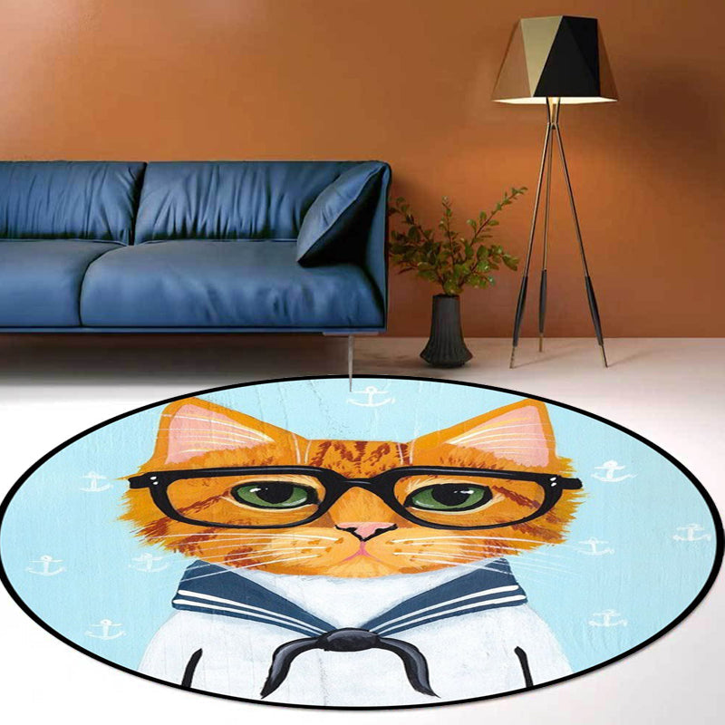 Kids Bedroom Carpet in Green and Blue Animal Cat Glass Print Carpet Polyester Pet-Friendly Area Rug