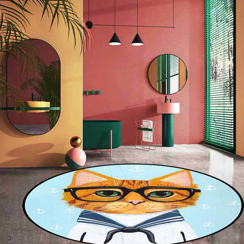 Kids Bedroom Carpet in Green and Blue Animal Cat Glass Print Carpet Polyester Pet-Friendly Area Rug
