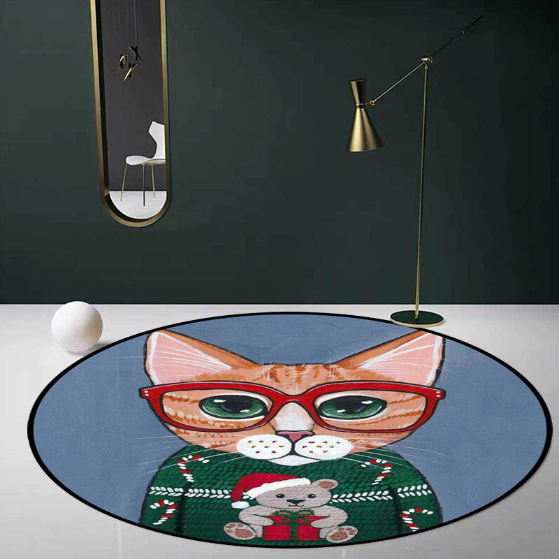 Kids Bedroom Carpet in Green and Blue Animal Cat Glass Print Carpet Polyester Pet-Friendly Area Rug