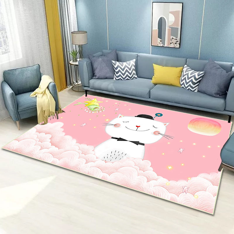 Casual Kids Rug in Pink Animal Cat Cloud Pattern Rug Polyester Non-Slip Back Washable Rug for the Kids Room