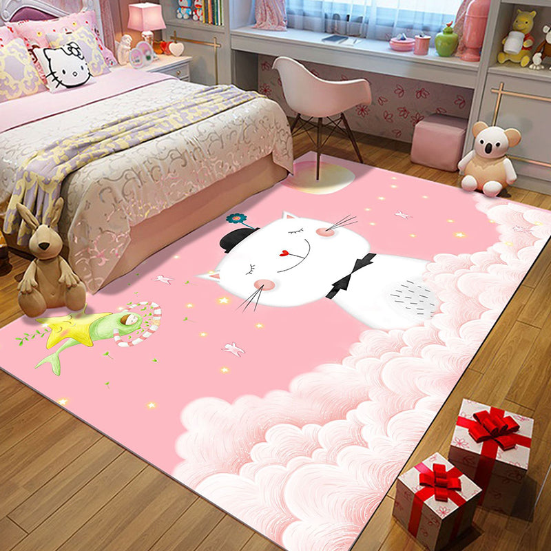 Casual Kids Rug in Pink Animal Cat Cloud Pattern Rug Polyester Non-Slip Back Washable Rug for the Kids Room