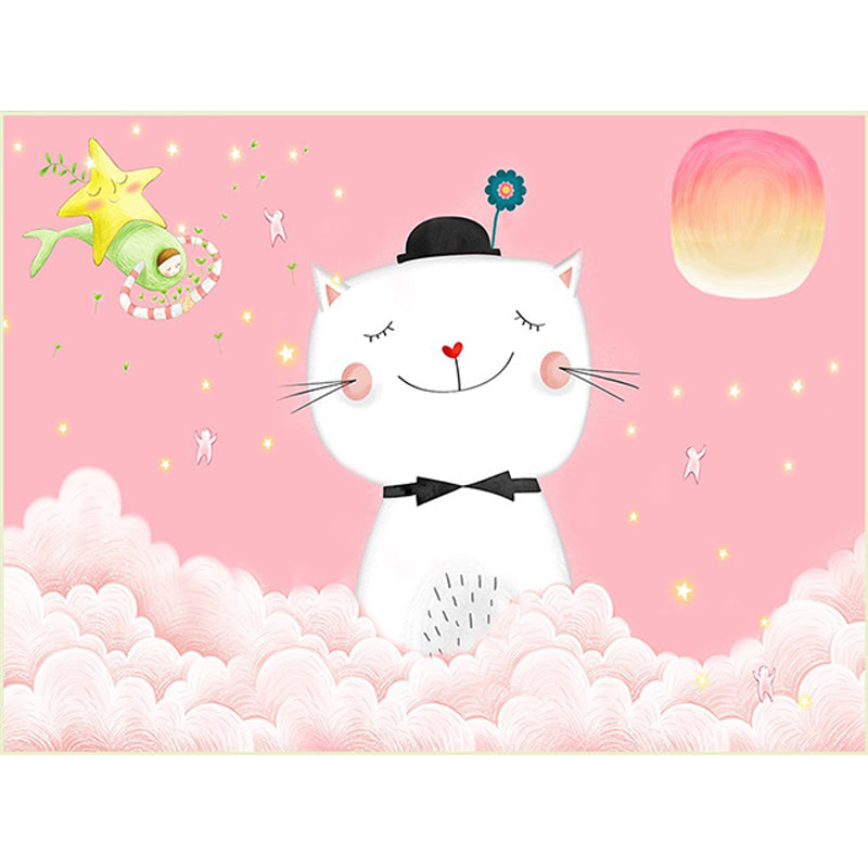 Casual Kids Rug in Pink Animal Cat Cloud Pattern Rug Polyester Non-Slip Back Washable Rug for the Kids Room