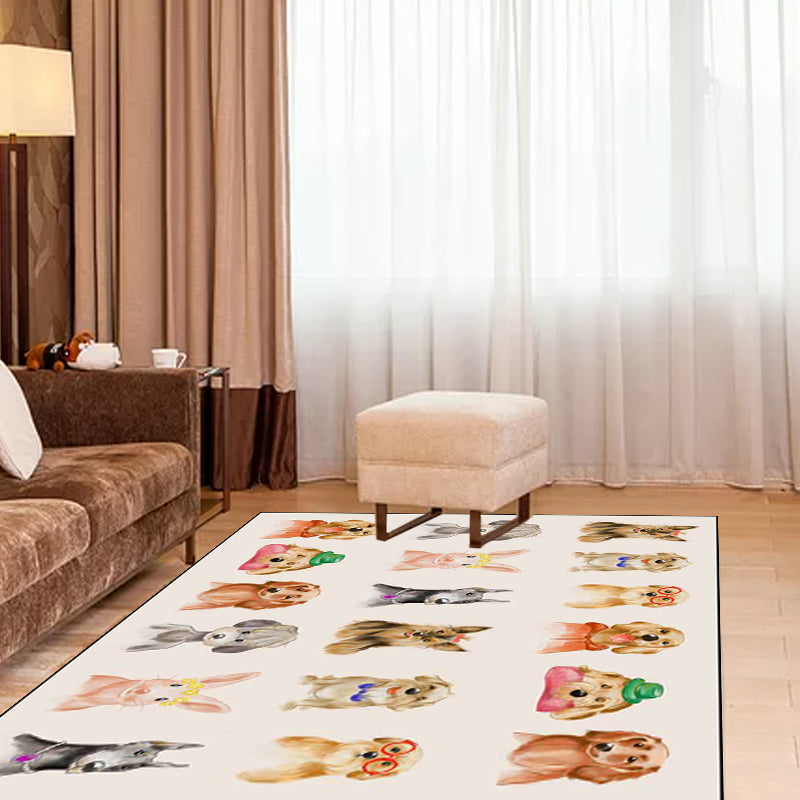 Kids Bedroom Rug in Ivory Animal Dog Cat Pig Print Rug Polyester Non-Slip Back Area Rug