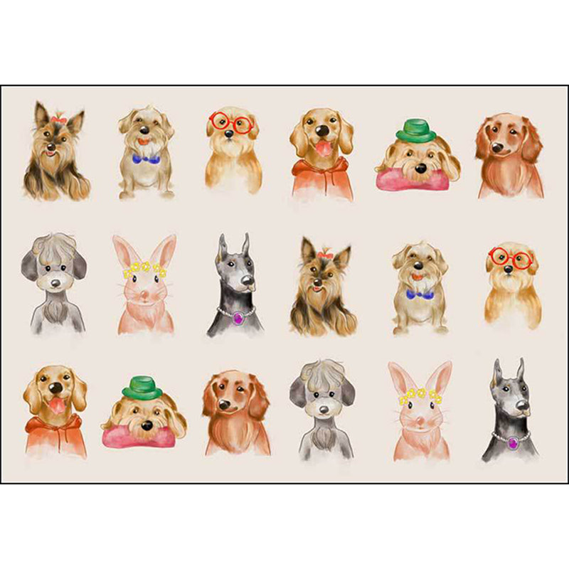 Kids Bedroom Rug in Ivory Animal Dog Cat Pig Print Rug Polyester Non-Slip Back Area Rug