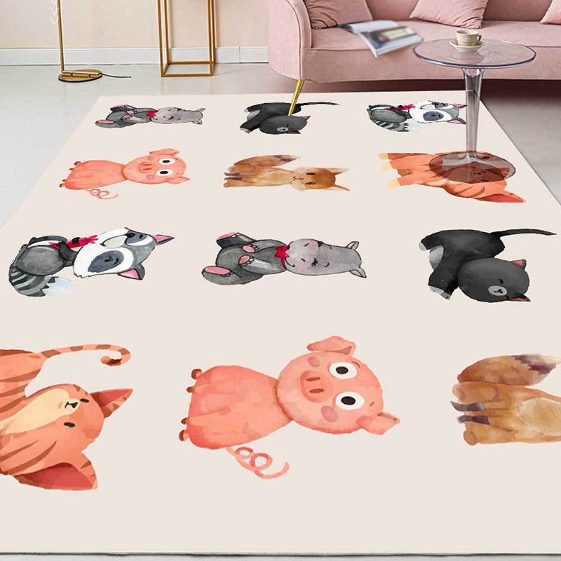 Kids Bedroom Rug in Ivory Animal Dog Cat Pig Print Rug Polyester Non-Slip Back Area Rug