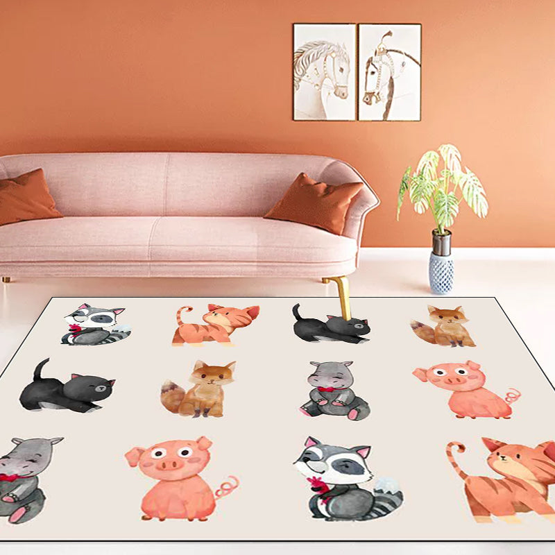 Kids Bedroom Rug in Ivory Animal Dog Cat Pig Print Rug Polyester Non-Slip Back Area Rug