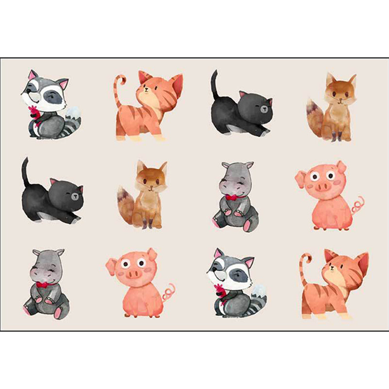 Kids Bedroom Rug in Ivory Animal Dog Cat Pig Print Rug Polyester Non-Slip Back Area Rug