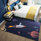 Kids Bedroom Carpet in Blue Outdoor Space Galaxy Rockets Astronaut Print Carpet Polyester Non-Slip Backing Area Rug