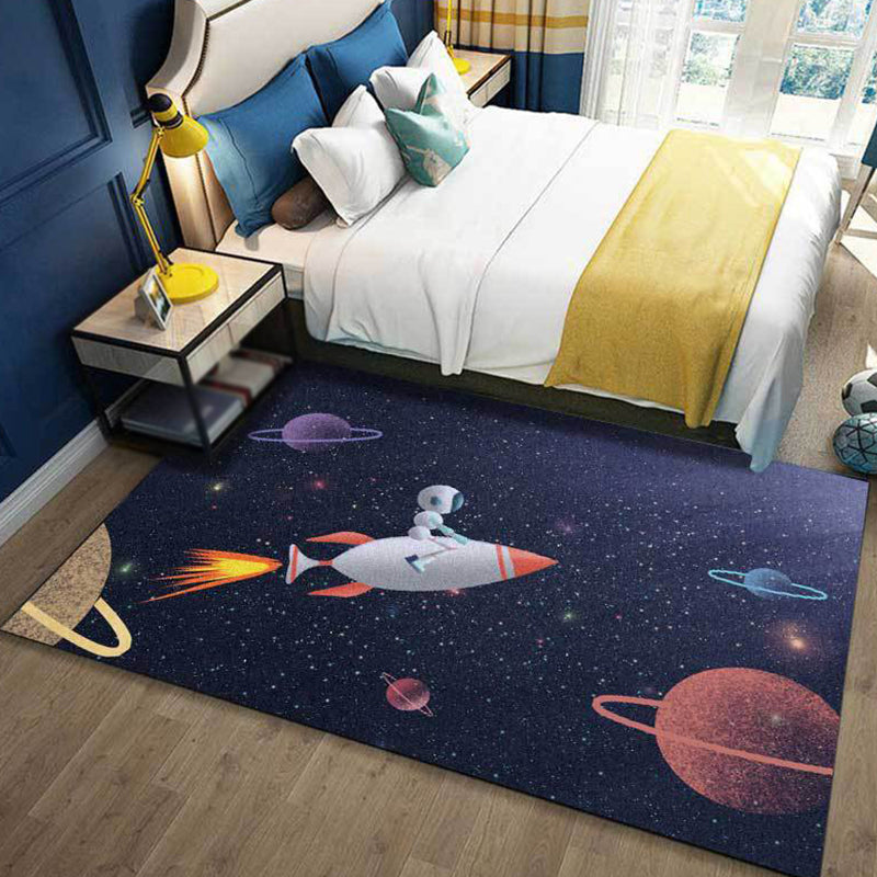 Kids Bedroom Carpet in Blue Outdoor Space Galaxy Rockets Astronaut Print Carpet Polyester Non-Slip Backing Area Rug