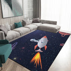 Kids Bedroom Carpet in Blue Outdoor Space Galaxy Rockets Astronaut Print Carpet Polyester Non-Slip Backing Area Rug