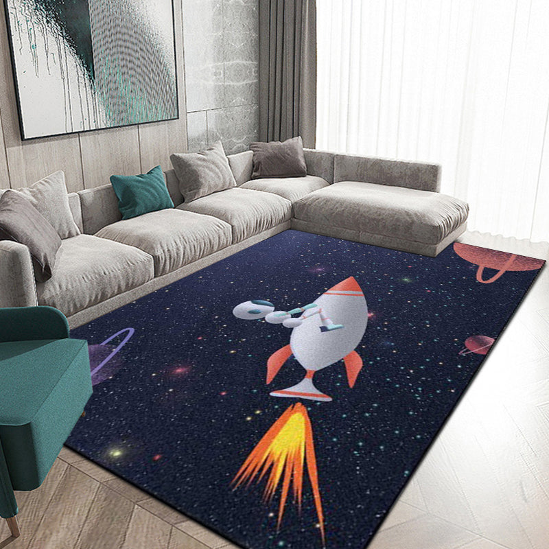 Kids Bedroom Carpet in Blue Outdoor Space Galaxy Rockets Astronaut Print Carpet Polyester Non-Slip Backing Area Rug