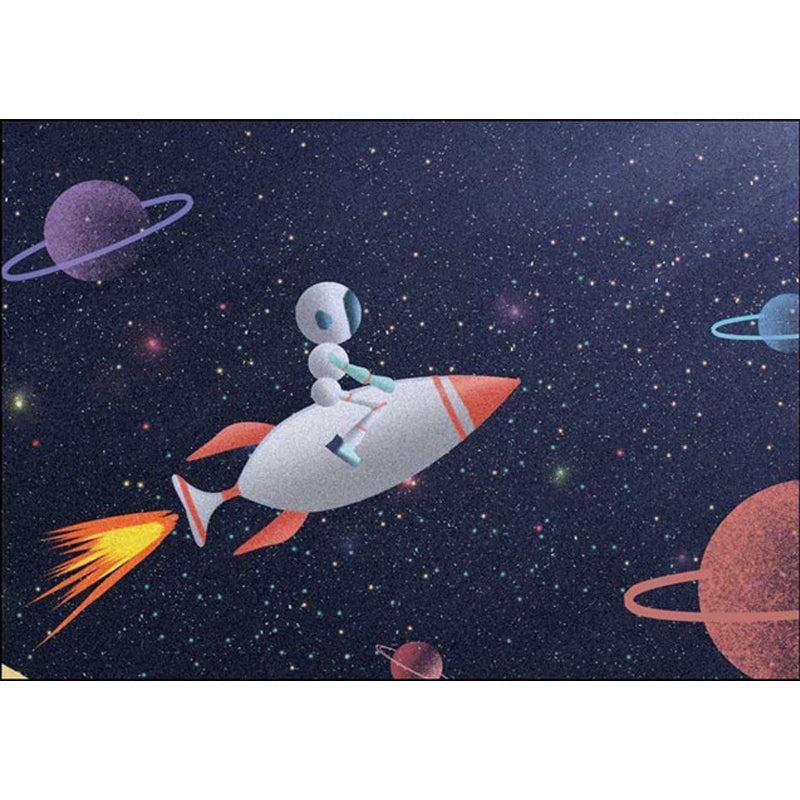 Kids Bedroom Carpet in Blue Outdoor Space Galaxy Rockets Astronaut Print Carpet Polyester Non-Slip Backing Area Rug