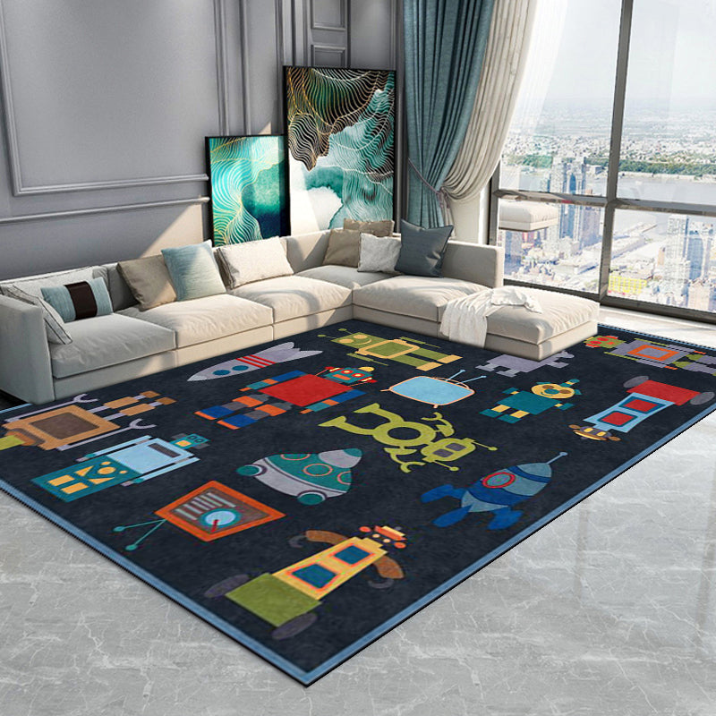 Unique Children's Carpet in Blue Extraterrestrial Robot Rocket Pattern Carpet Polyester Non-slip Underlay Carpet for Children's Room
