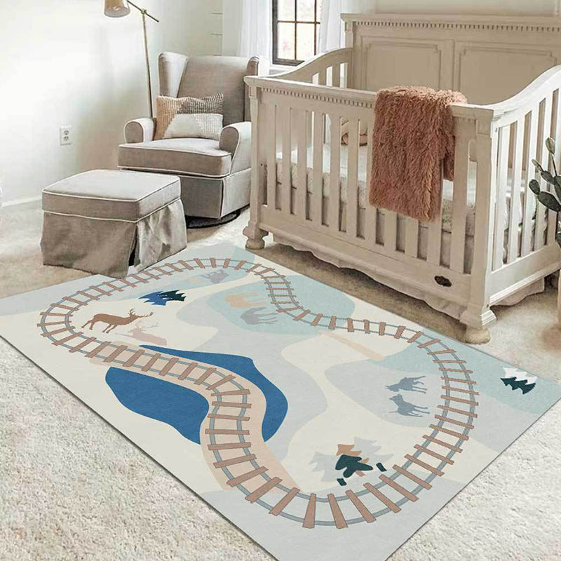 Casual Kids Carpet in Blue Cars & Roads Deer Horse Tree Pattern Carpet Polyester Anti-Slip Back Carpet for the Children's Room