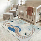 Casual Kids Carpet in Blue Cars & Roads Deer Horse Tree Pattern Carpet Polyester Anti-Slip Back Carpet for the Children's Room
