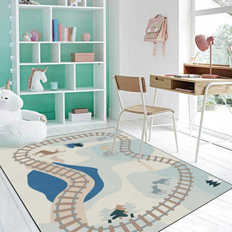 Casual Kids Carpet in Blue Cars & Roads Deer Horse Tree Pattern Carpet Polyester Anti-Slip Back Carpet for the Children's Room