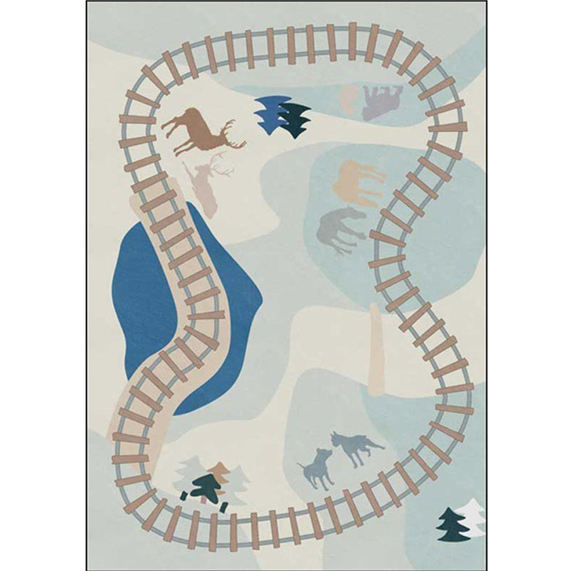 Casual Kids Carpet in Blue Cars & Roads Deer Horse Tree Pattern Carpet Polyester Anti-Slip Back Carpet for the Children's Room