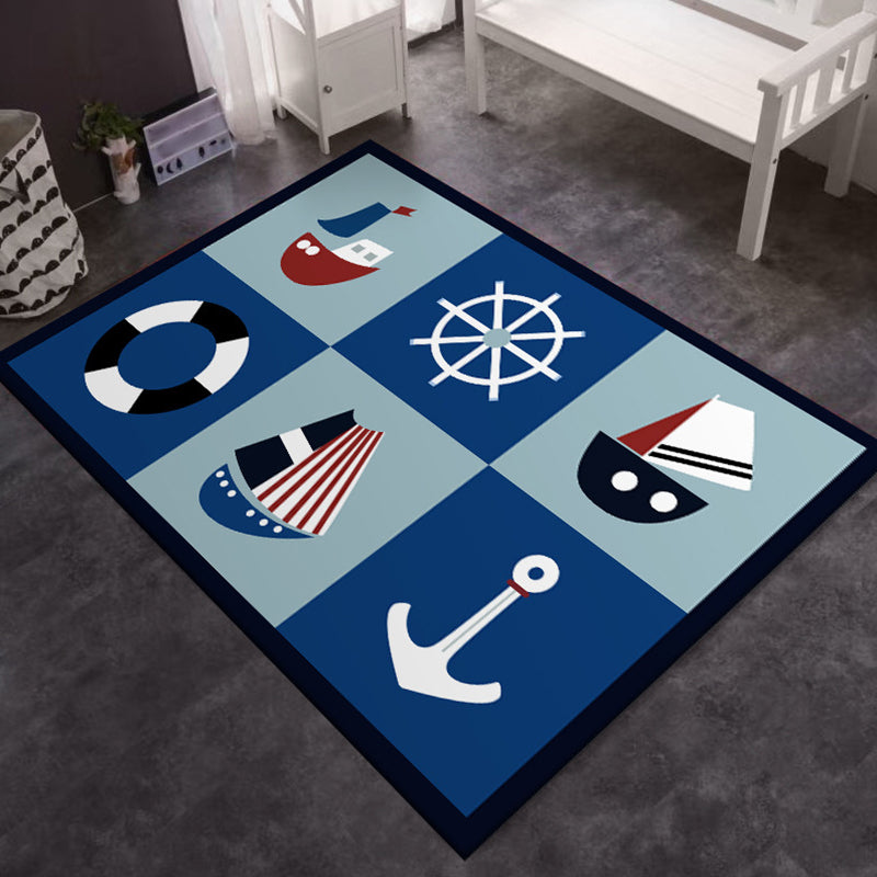 Kids' Bedroom Carpet in Blue Cars & Roads Ship Anchor Steering Wheel Printed Carpet Polyester Machine Washable Carpet