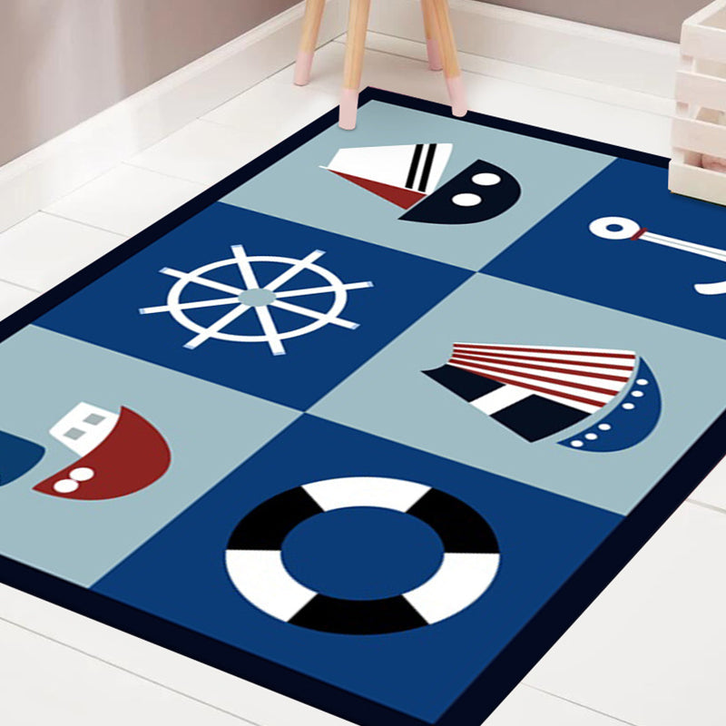 Kids' Bedroom Carpet in Blue Cars & Roads Ship Anchor Steering Wheel Printed Carpet Polyester Machine Washable Carpet