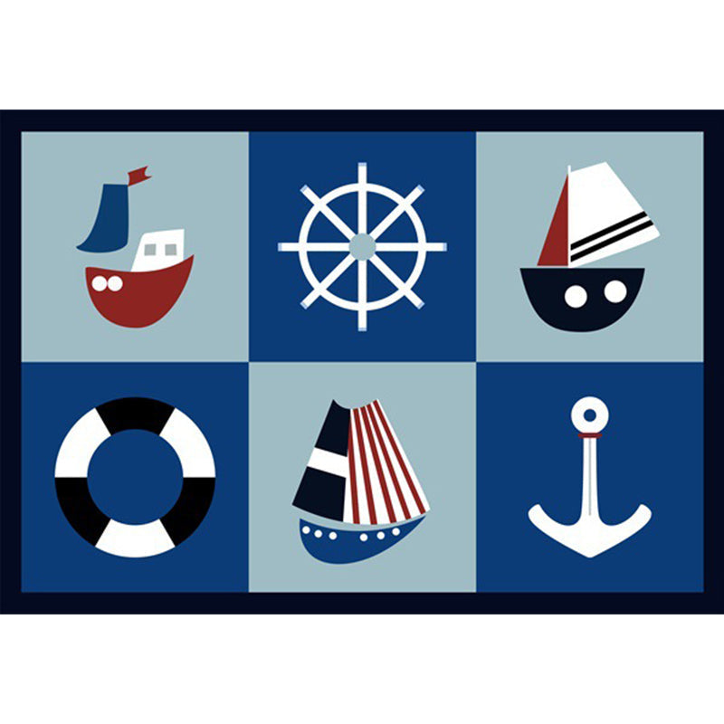 Kids' Bedroom Carpet in Blue Cars & Roads Ship Anchor Steering Wheel Printed Carpet Polyester Machine Washable Carpet