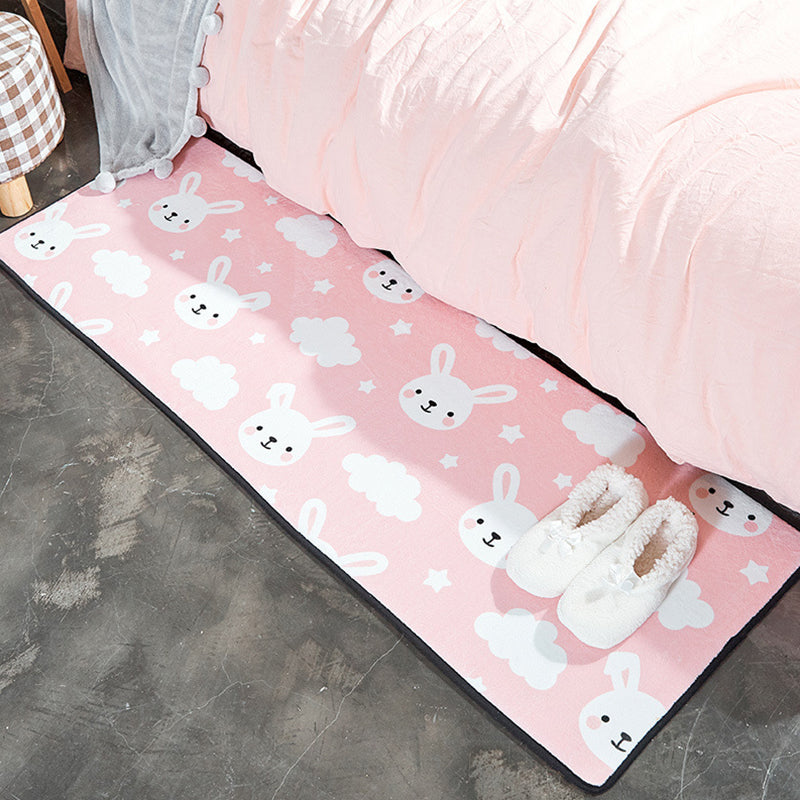 Children's Room Rug in White and Pink Animal Bear Rabbit Swan Print Rug Polyester Stain-Resistant Area Rug