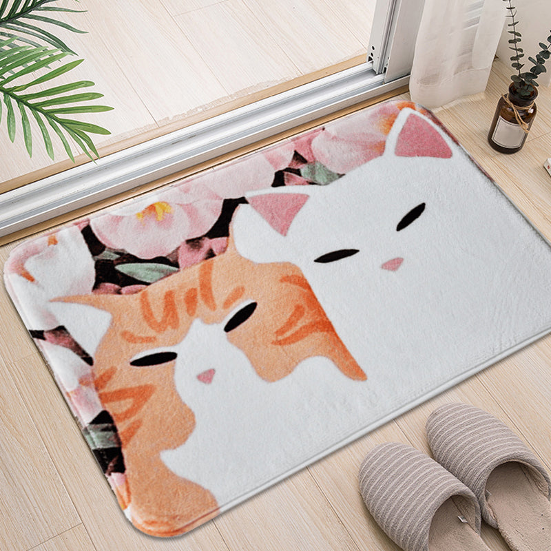 Kids Children's Room Rug in Pink and Yellow Animal Cat Flower Pattern Rug Polyester Non-Slip Back Rug