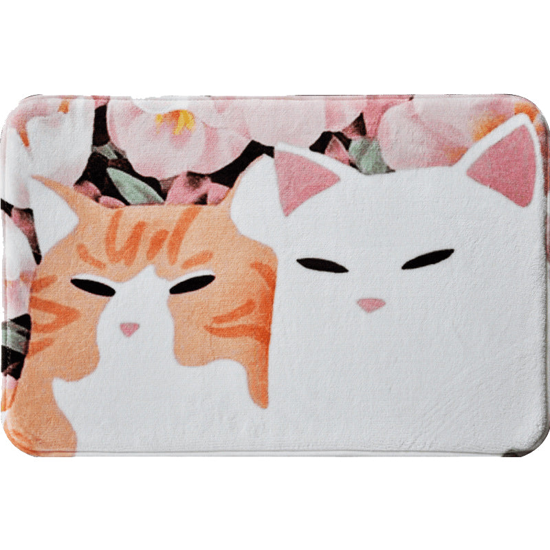 Kids Children's Room Rug in Pink and Yellow Animal Cat Flower Pattern Rug Polyester Non-Slip Back Rug