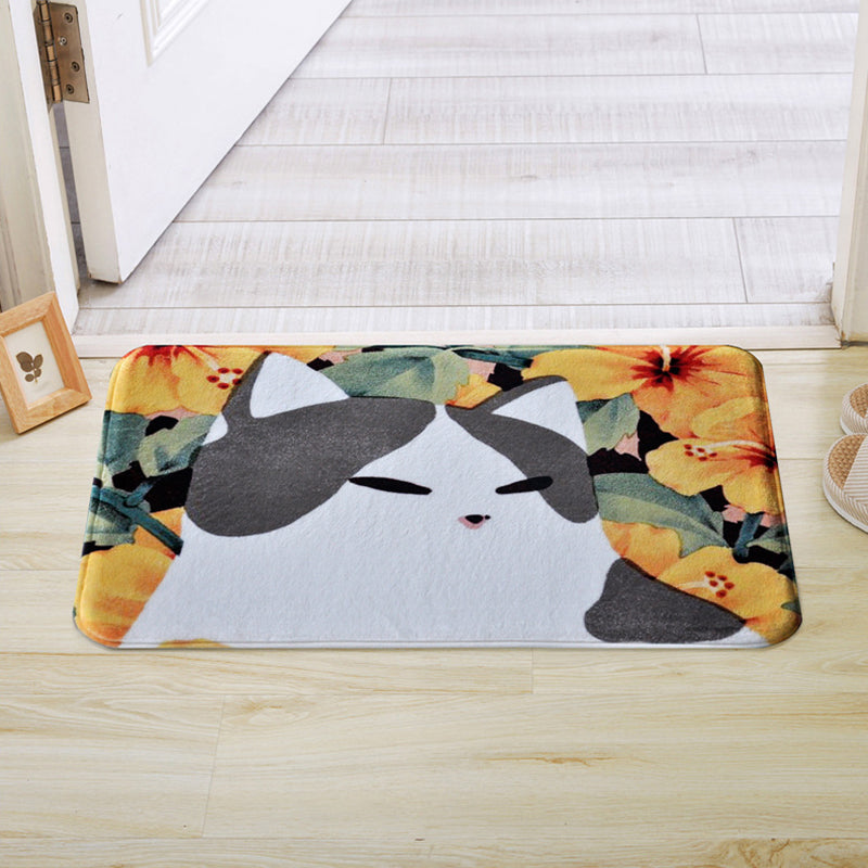 Kids Children's Room Rug in Pink and Yellow Animal Cat Flower Pattern Rug Polyester Non-Slip Back Rug