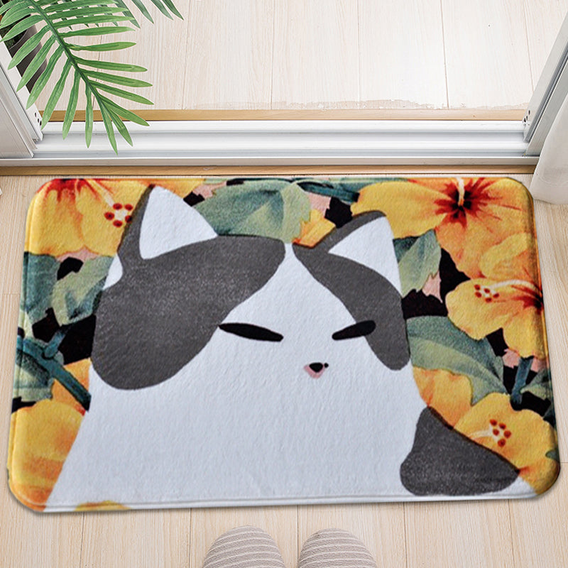 Kids Children's Room Rug in Pink and Yellow Animal Cat Flower Pattern Rug Polyester Non-Slip Back Rug