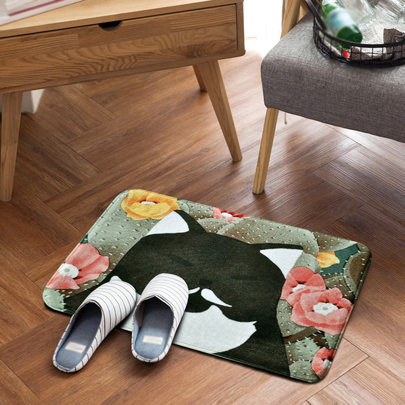 Kids Children's Room Rug in Pink and Yellow Animal Cat Flower Pattern Rug Polyester Non-Slip Back Rug