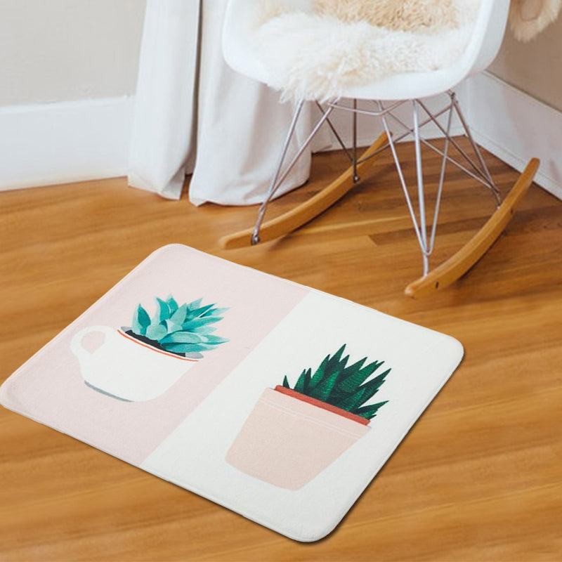 Green and Pink Children's Room Carpet Children Botanical Leaf Potted Plants Pattern Area Rug Polyester Pet Friendly Carpet