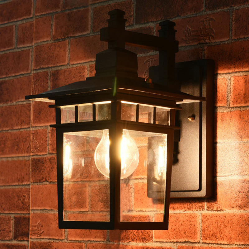 Lantern Clear Glass Wall Hanging Lamp Industrial Single Bulb Veranda Wall Light in Black