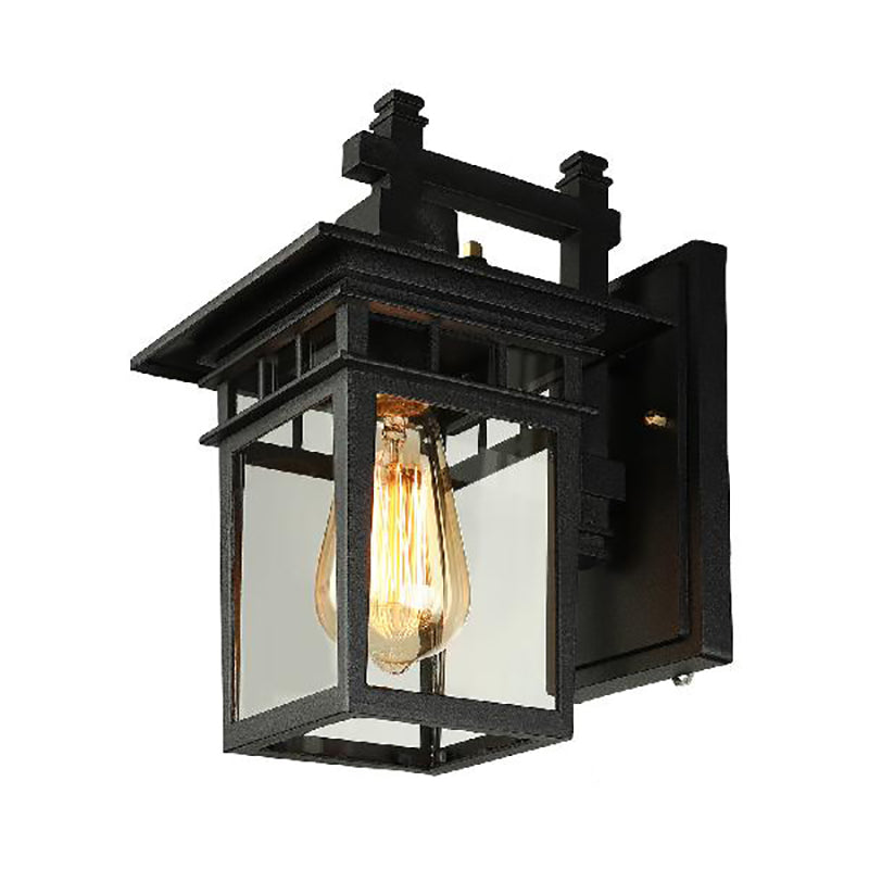 Lantern Clear Glass Wall Hanging Lamp Industrial Single Bulb Veranda Wall Light in Black