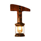 Rust One-Light Wall Light Coastal Clear Glass Lantern Lighting Fixture with Wood Back Plate