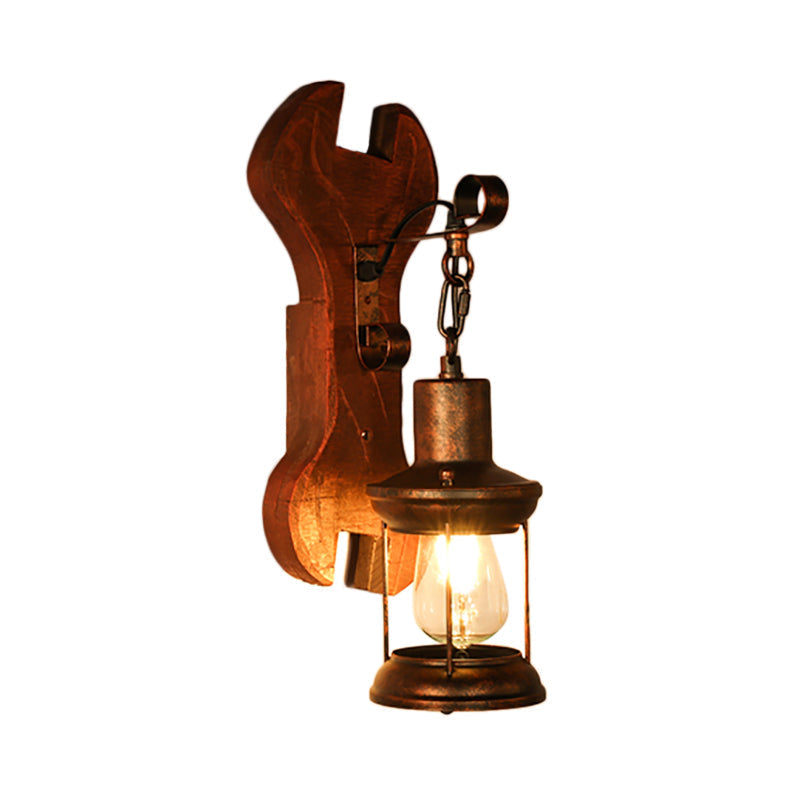 Rust One-Light Wall Light Coastal Clear Glass Lantern Lighting Fixture with Wood Back Plate