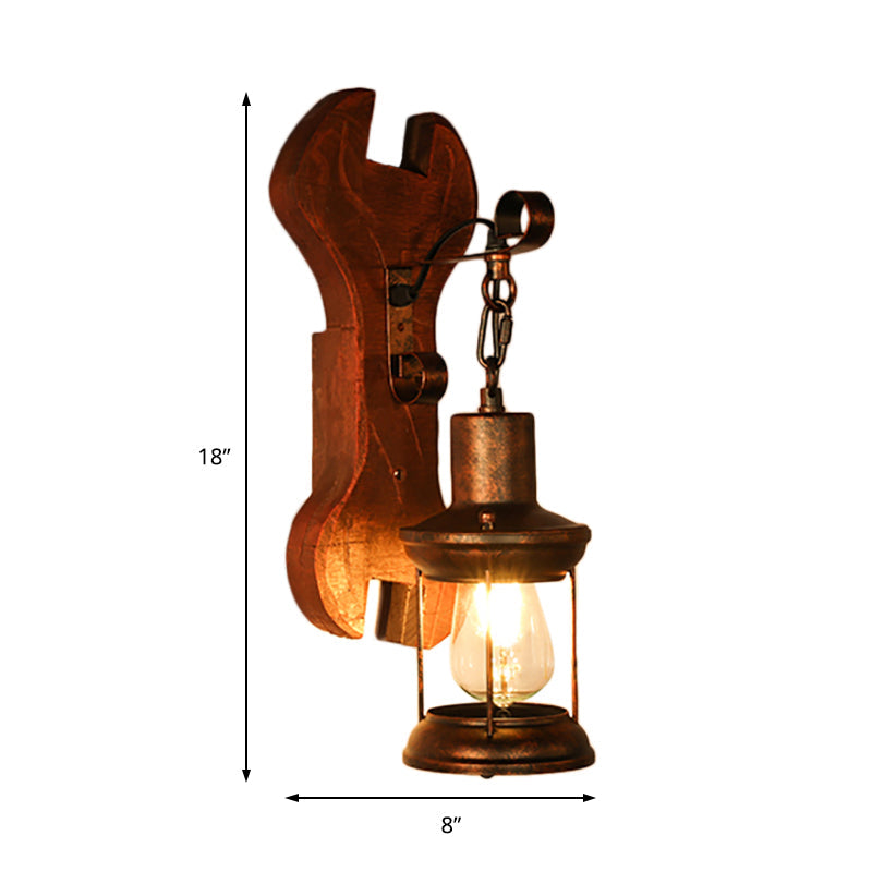 Rust One-Light Wall Light Coastal Clear Glass Lantern Lighting Fixture with Wood Back Plate