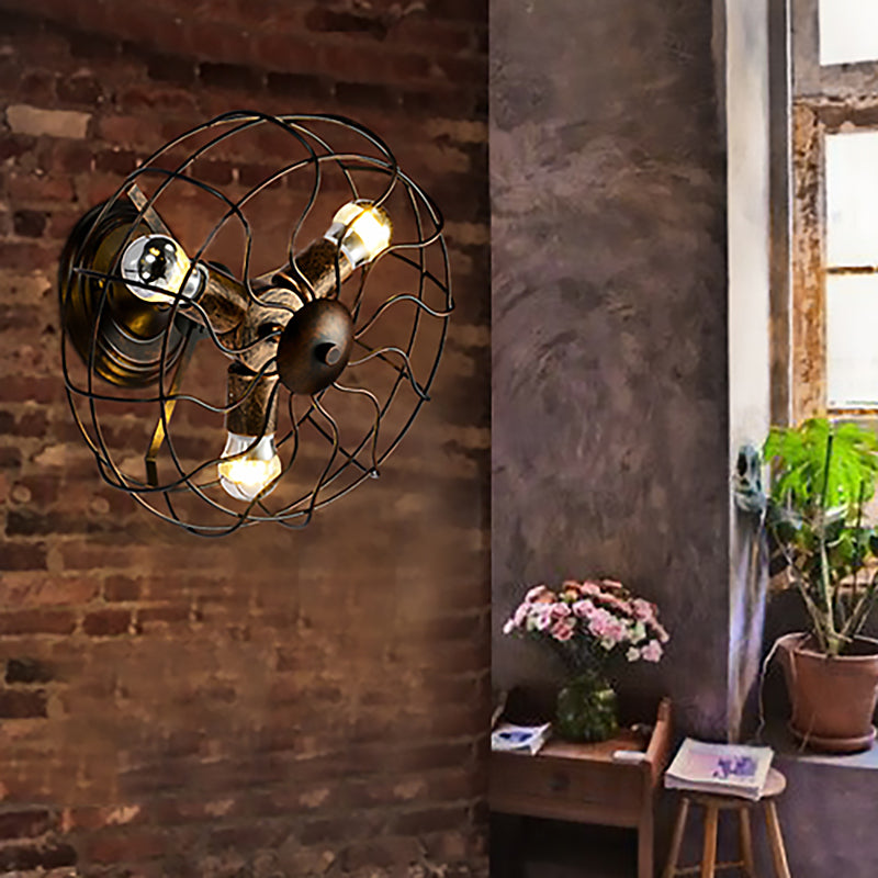 Weathered Copper Wall Lamp with Cage Shade Antique Style Wrought Iron 3 Lights Indoor Wall Lighting