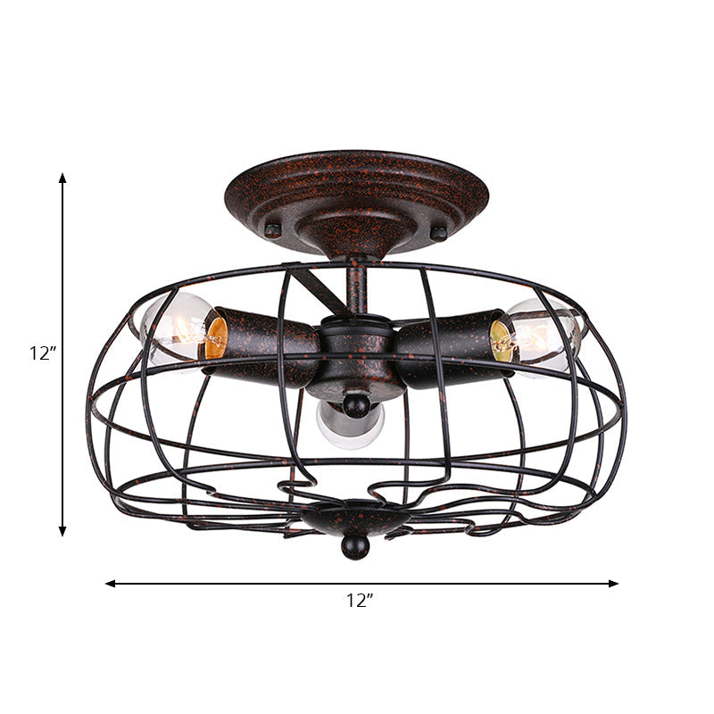Weathered Copper Wall Lamp with Cage Shade Antique Style Wrought Iron 3 Lights Indoor Wall Lighting