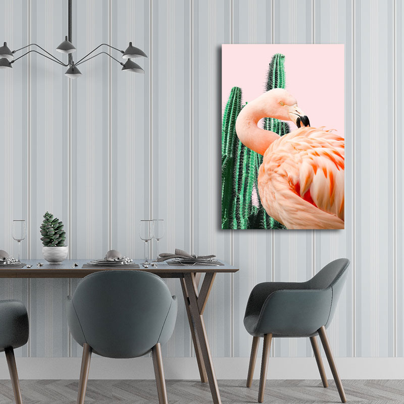 Pink Tropical Canvas Print Flamingo and Cactus Wall Art Decor for Home Interiors