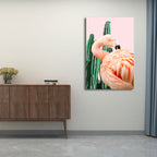 Pink Tropical Canvas Print Flamingo and Cactus Wall Art Decor for Home Interiors