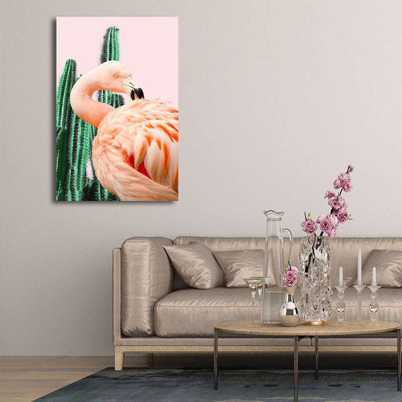 Pink Tropical Canvas Print Flamingo and Cactus Wall Art Decor for Home Interiors