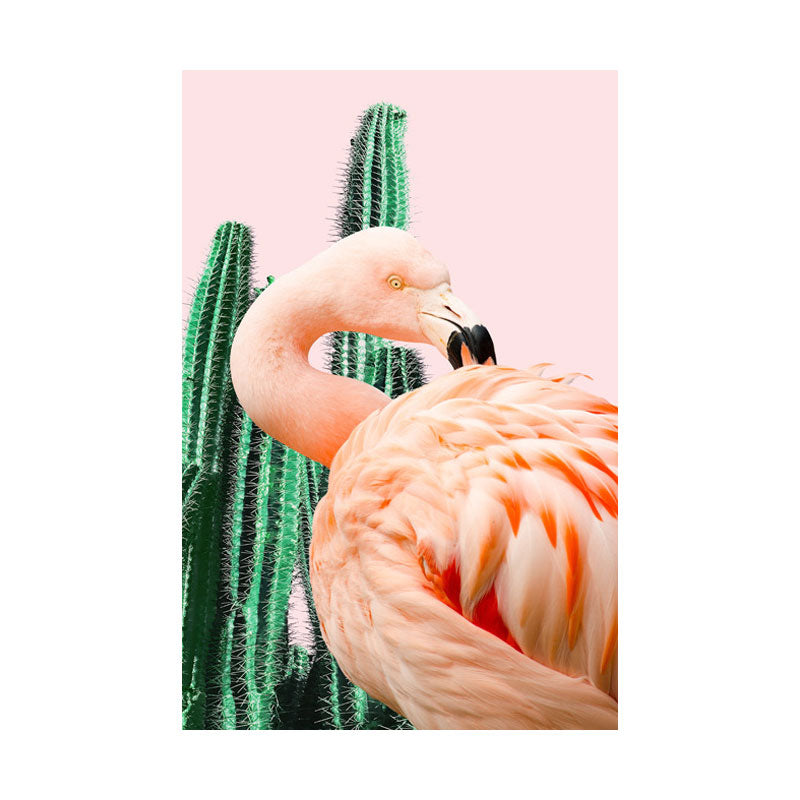 Pink Tropical Canvas Print Flamingo and Cactus Wall Art Decor for Home Interiors
