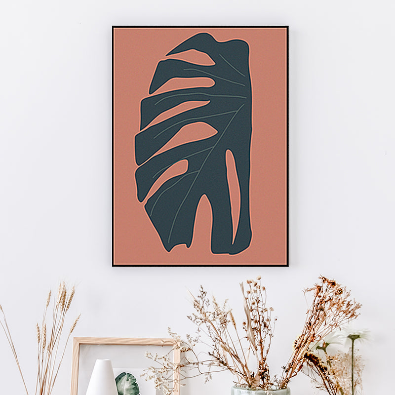 Tropical leaf wrapped canvas texture living room wall art in red (Multiple size options)